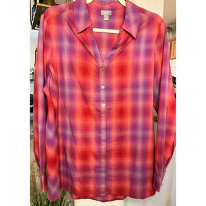 J.Jill Red/Purple Plaid‎ Button Down Tunic Blouse Large 10-12